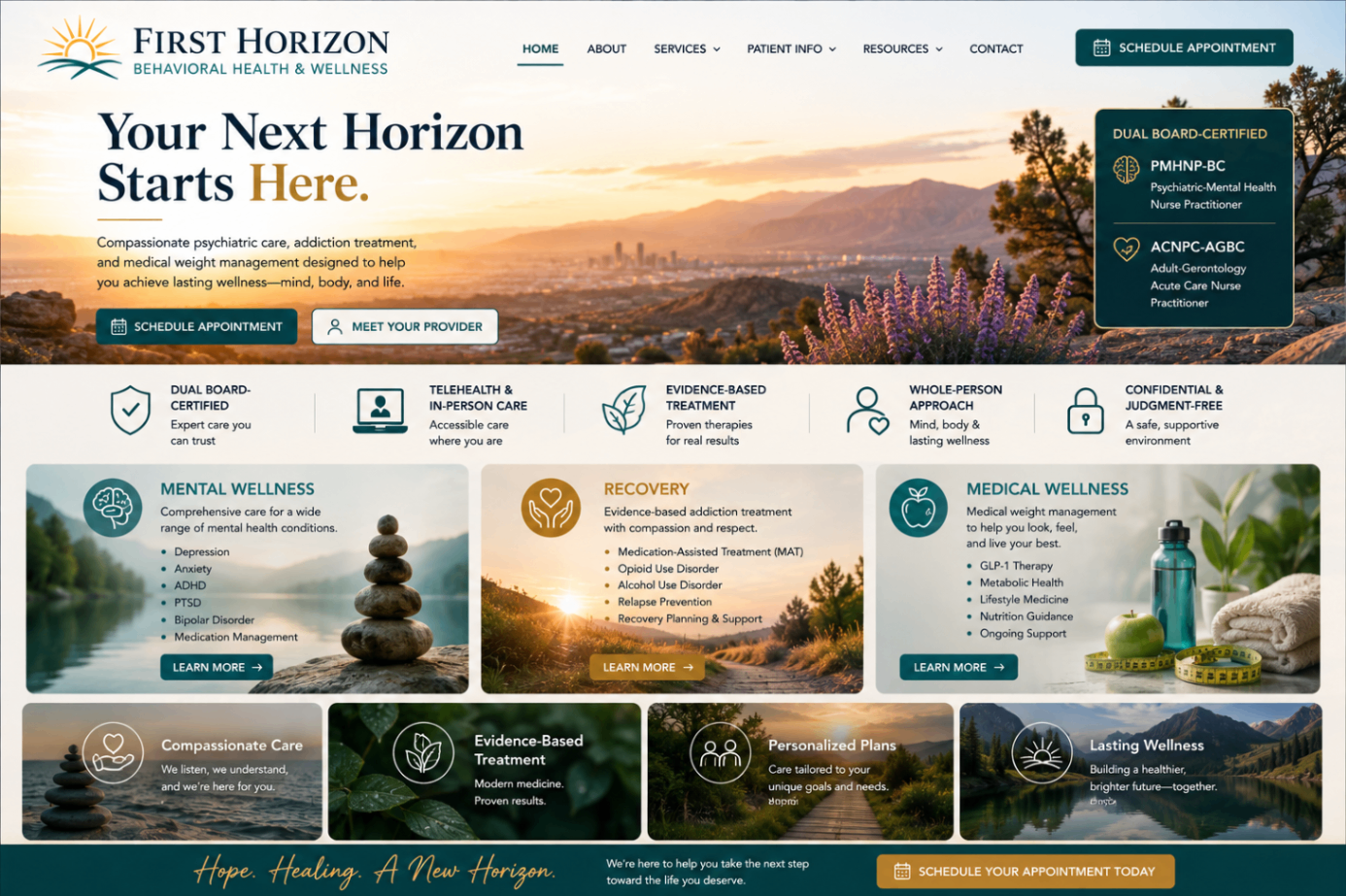 First Horizon Behavioral Health and Wellness services beside a calm mountain landscape
